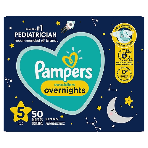 Pampers Swaddlers Overnight Diapers Size 5 50 Count
A restful night's sleep starts with the right protection. For dry nights, Pampers Swaddlers Overnights are
designed with extra absorbency to lock wetness away from skin for up to 12 hours. Designed to keep
skin dry and healthy, Pampers Swaddlers Overnights are the only nighttime diaper with a BreatheFree LinerTM that wicks away wetness and mess, allowing your baby's skin to breathe. Our Soft Flexi-Sides provide a soft cushiony stretch for a secure and comfortable fit. Plus, they feature eight nighttime prints for the sweetest dreams. For protection that's gentle on your baby's skin, Pampers Swaddlers Overnights are hypoallergenic and free of parabens and latex.*
 
For trusted protection, trust Pampers, the #1 U.S. Pediatrician Recommended Brand.
*Natural rubber

Wrap&Protect™ Waistband
Gently wraps to help protect skin from irritation

BreatheFree™ liner
Wicks away wetness, allowing skin to breathe

Wrap&Protect™ leg barreris
Protect where leaks happen most

Ultra-Soft Absorbent Layers
Helps protect skin from wetness & irritation

Lockaway Channels™
Locks away wetness for dry, healthy skin

Pampers Wetness Indicator™