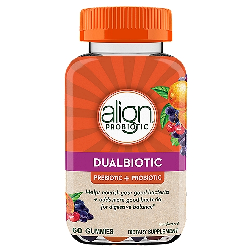 align Dualbiotic Prebiotic + Probiotic Fruit Flavored Dietary Supplement, 60 count
Good bacteria are essential to support a healthy gut. Align DualBiotic, Prebiotic + Probiotic Gummies are made with a blend of prebiotics to nourish the good bacteria in your digestive system, and probiotics to add more good bacteria.* Plus, every great-tasting gummy is packed with natural fruit flavors. Align Prebiotic + Probiotic Gummies contain the probiotic Bacillus Coagulans and the prebiotic inulin. *THESE STATEMENTS HAVE NOT BEEN EVALUATED BY THE FOOD AND DRUG ADMINISTRATION. THIS PRODUCT IS NOT INTENDED TO DIAGNOSE, TREAT, CURE, OR PREVENT ANY DISEASE.‡Among Doctors who recommended a brand of probiotic in ProVoice 2013-2020 surveys. ‡Among Gastroenterologists who recommended a brand of probiotic in a ProVoice 2008-2019 survey.