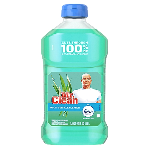 Get a powerful clean and a great scent with Mr. Clean multi-surface cleaner with Febreze Meadows and Rain. It cuts through 100% of dirt, grease, and grime, leaving the light, fresh scent of Febreze Meadows and Rain liquid cleaner in its dirt-forsaken place. It works all around the house on everything from linoleum, to tile and finished hardwood floors, to toilets and bathtubs, and even garbage cans.