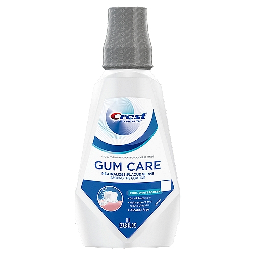 Crest Pro Health Cool Wintergreen Gum Care Oral Rinse, 33.8 fl oz
Use Crest Gum Care mouthwash to complete your preventive Gum Care routine. This Crest alcohol free mouthwash is proven to reduce the early signs of gum disease, including bleeding gums, reduce gum inflammation, and kills plaque and bad breath germs. The Cool Wintergreen flavor leaves your breath refreshed and neutralizes plaque germs around the gum line. *** If you are not satisfied with your results, Crest will refund your purchase. Simply return your receipt and copy of bottle UPC within 60 days of purchase. Call 1-800-862-7442 for more information.