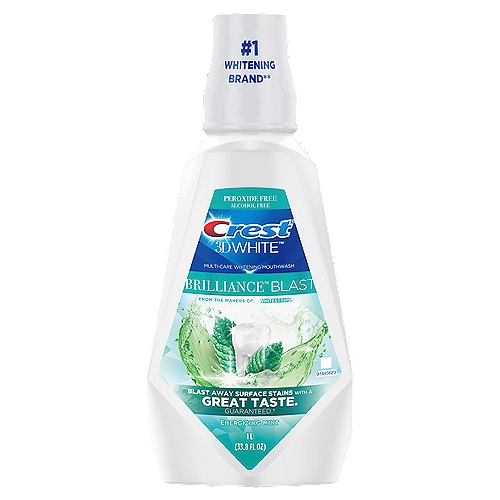 Crest 3D White Brilliance Blast Mouthwash, Energizing Mint, 1 L (33.8 fl oz)
Crest 3D White is the #1 whitening mouthwash*. The Brilliance Blast formula blasts away surface stains, whitening teeth in just 7 days when accompanied with your daily brushing routine. Great tasting formula contains No Hydrogen Peroxide and No Alcohol. Leaves your smile bright and minty fresh. *P&G calculation based on Nielsen / US Reported Sales for year ending week of 3/14/2020

Multi-Care Whitening Mouthwash

Whiter Smile* in 7 Days
*with brushing by removing surface stains

Crest 3D White Brilliance Blast Mouthwash gives you an advanced whitening experience with a peroxide free taste