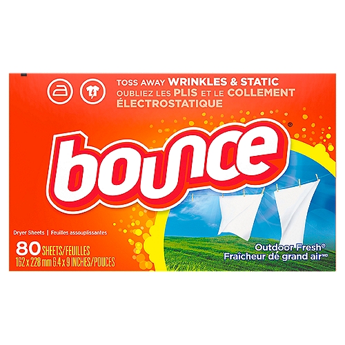 Classic Bounce outdoor fresh scent. Helps Reduce Wrinkles. Controls static cling in fabrics. Helps repel lint and hair. Softens fabrics. For use in all types of dryers (High Efficiency & Regular).