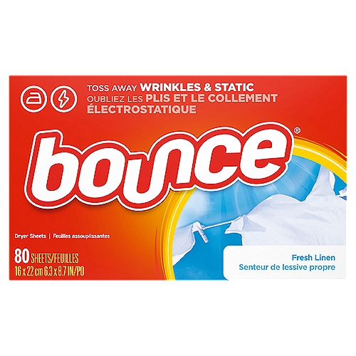 Bounce Fresh Linen 80 sheets
Our Bounce Fabric Softener Dryer Sheets with that Fresh Linen scent really do have a lot in common with linen (the fabric) - both are cool, crisp and light. But Bounce might just have something that real linen could use - the power to fight static, reduce wrinkles, repel lint and hair while keeping your fabrics soft. Take that linen.