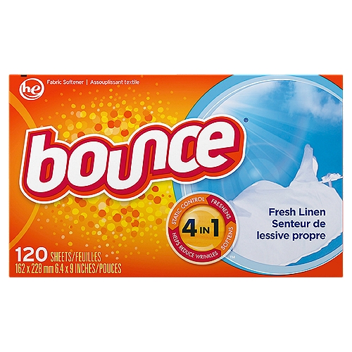 bounce Fresh Linen Fabric Softener Dryer Sheets, 120 count
Our Bounce Fabric Softener Dryer Sheets with that Fresh Linen scent really do have a lot in common with linen (the fabric) - both are cool, crisp and light. But Bounce might just have something that real linen could use - the power to fight static, reduce wrinkles, repel lint and hair while keeping your fabrics soft. Take that linen.