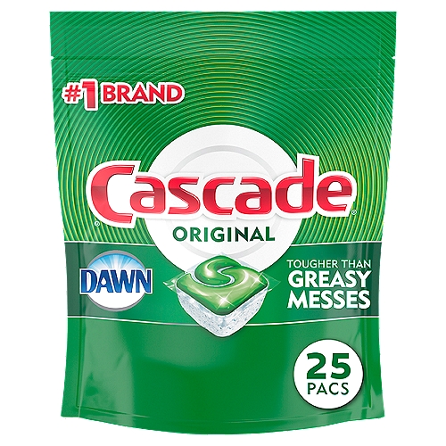 Cascade Original Fresh Scent Dishwasher Detergent Actionpacs, 25 count, 13.5 oz
Running the Dishwasher Daily Saves Water**
**Energy Star® certified dishwashers use <4 gallons per cycle. Running the tap for 11 minutes while handwashing uses up to 24 gallons of water.

Ingredient - Purpose
Amylase enzyme - boosts starch soil removal
Benzotriazole - helps protect metal items
Colorants - adds color to product
Copolymer of acrylic maleic and sulphonic acids - boosts shine
Dipropylene glycol - helps enable liquid processing
Fragrances - adds scent to product
Glycerin - helps enable liquid processing
Isotridecanol ethoxylated - boosts grease cleaning
PEG/PPG/propylheptyl ether - boosts grease cleaning
Polyvinyl alcohol polymer - water soluble film
Sodium carbonate - cleaning agent
Sodium carbonate peroxide - boosts cleaning power stain removal
Sodium silicate - cleaning agent
Sodium sulfate - processing aid
Subtilisin - boosts protein soil removal
Transitional metal catalyst - boosts tea and coffee cleaning
Trisodium dicarboxymethyl alaninate - boosts tough food cleaning
Water - processing aid