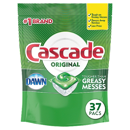 Cascade Original Fresh Scent Dishwasher Detergent, 37 count, 20.0 oz
Cascade Original ActionPacs dishwasher detergent powers away greasy residue for sparkling dishes. That's because every ActionPac combines the scrubbing power of Cascade and the grease-fighting power of Dawn dishwashing liquid to leave your dishes virtually spotless. Cascade Original ActionPacs are conveniently premeasured with no finicky wrapping-simply load your dishwasher, pop in an ActionPac, and go! Cascade Original ActionPacs are phosphate free. Plus, Cascade Original ActionPacs dissolve quickly to unleash cleaning power early in the dishwasher cycle. For best results, use Cascade Original ActionPacs with Cascade Power Dry Rinse Aid for powerful drying and Cascade Dishwasher Cleaner to keep your dishwasher machine sparkling. Save up to 15 gallons of water per dishwasher load when you skip the pre-wash and run your dishwasher with Cascade Original ActionPacs. Cascade is the #1 Recommended Brand in North America*  *More dishwasher brands in North America recommend Cascade vs. any other automatic dishwashing detergent brand, recommendations as part of co-marketing agreements.