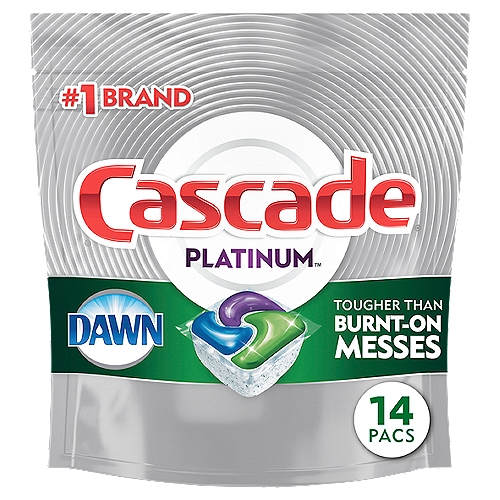 Cascade Platinum ActionPacs dishwasher detergent cleans burnt-on messes in just one wash, with no pre-wash needed. That's because Platinum has 50% More Cleaning Power* (*% cleaning ingredients vs. Cascade Complete ActionPacs) to tackle burnt-on foods. It dissolves fast to start cleaning right away, releasing the soaking power of Dawn dishwashing liquid, while food-seeking enzymes latch on and break down food into particles so small they can flow right down the drain. It's so powerful it even works in the Quick Wash cycle. Plus, Cascade Platinum dishwashing detergent is formulated to help prevent hard-water filming—keeping your machine looking fresh and clean. Simply pop in an ActionPac and reveal a Platinum sparkle. Save up to 15 gallons of water per dishwasher load when you skip the pre-wash and run your dishwasher with Cascade Platinum. #1 Recommended Brand in North America** **More dishwasher brands in North America recommend Cascade vs. any other automatic dishwashing detergent brand, recommendations as part of co-marketing agreements.