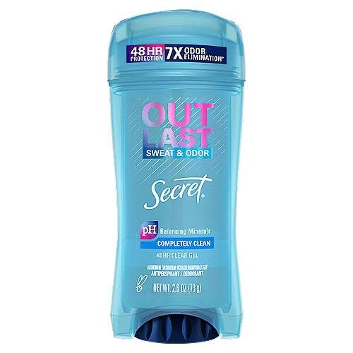 Secret Outlast Sweat & Ododr Clear Gel Completely Clean Antiperspirant/Deodorant, 2.6 oz
Sweat is the last thing you need to be worried about. Take one worry off of your plate first thing in the morning. With a couple quick swipes, you'll have confidence all day. Secret Outlast fights sweat better* so you get all strength and no sweat for 48 hours. Clear Gel goes on clear for no white marks. When you use Secret, you're getting the peace of mind that your deodorant will work as hard as you do.
*Vs. Leading invisible solid