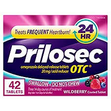 Prilosec OTC, Omeprazole Delayed Release 20mg, Acid Reducer, Treats Frequent Heartburn for 24 Hour Relief, All Day, All Night*, Wildberry Flavor, 20mg, 42 Tablets.