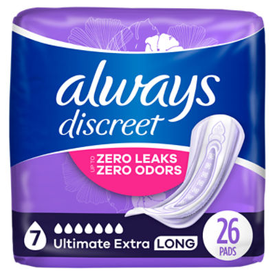 Always Discreet Adult Incontinence Pads for Women, Ultimate Extra Protect Absorbency, Long Length, Postpartum Pads, 26 CT