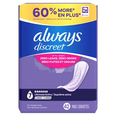 Always Discreet Adult Incontinence Pads for Women, Ultimate Extra Protect Absorbency, Long Length, Postpartum Pads, 42 CT