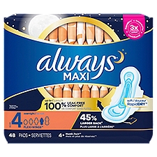 Always Maxi Pads Size 4 Overnight Absorbency Unscented with Wings, 48 Count, 48 Each