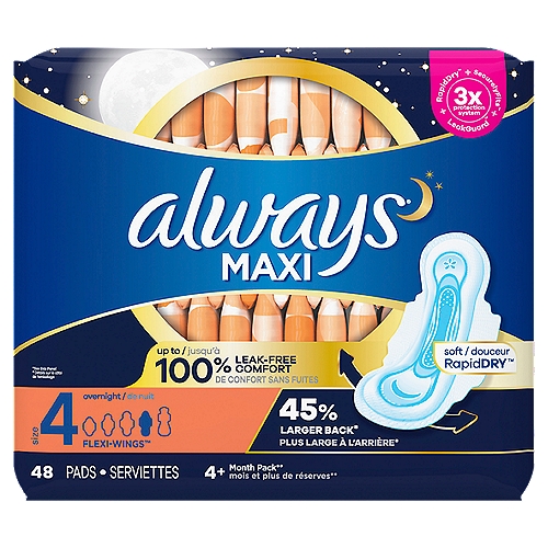Always Maxi Soft Overnight Flexi-Wings Pads Mega Pack, Size 4, 48 count
Rest easy with up to 100% leak-free comfort from the Always* Maxi overnight pads. The pads feature advanced 3X Protection System to give you a worry-free night's sleep, while RapidDRY works to wick away gushes in seconds. Plus, the pads' LeakGUARD core locks in leaks for long-lasting protection, while SecurelyFITS helps the pad stay in place throughout the night. Always Maxi Overnight Size 4 Pads Unscented with Wings provide a 45% larger back**, so you're protected no matter how you sleep. Sleep tight with Always Maxi Pads. *vs. previous Always Maxi **vs. Always Maxi Regular with Wings