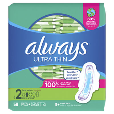 Always Ultra Thin Long Super Flexi-Wings Pads, Size 2, 58 count