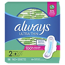 Always Ultra Thin Daytime Pads with Wings, Size 2, Long Super, Unscented, 58 CT