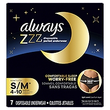 Always ZZZ Overnight Disposable Period Underwear for Women Size S/M, 360° Coverage, 7 Count