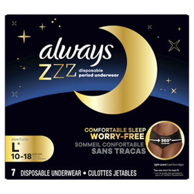 Always ZZZ Light Scent Disposable Period Underwear, Size L, 360° coverage, 7 count