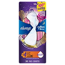 Always Radiant FlexFoam Pads for Women, Size 4, Overnight Absorbency, 100% Leak & Odor Free Protection is possible, with Wings, Scented, 20 count
