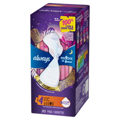Always, Radiant With FlexFoam Pads For Women, Size 4, Overnight Absorbency  With Wings, Light Clean Scent, 20 Count : : Health & Personal Care