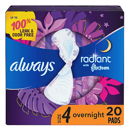 Always Radiant FlexFoam Pads for Women, Size 4, Overnight Absorbency, 100%  Leak & Odor Free Protection is possible, with Wings, Scented, 20 count -  The Fresh Grocer