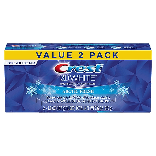 Crest 3D White Arctic Fresh Teeth Whitening Toothpaste, 3.8 oz, Pack of 2
Brighten your smile with Crest 3D White Arctic Fresh Whitening Toothpaste. The New and Improved Formula removes up to 90% of surface stains, protects against future stains & starts whitening your teeth after 1 brush. 3D White fluoride toothpaste also strengthens your tooth enamel and helps protect against cavities.

Fluoride Anticavity Toothpaste

Drug Facts
Active ingredient - Purpose
Sodium fluoride 0.243% (0.15% w/v fluoride ion) - Anticavity toothpaste

Use
Helps protect against cavities