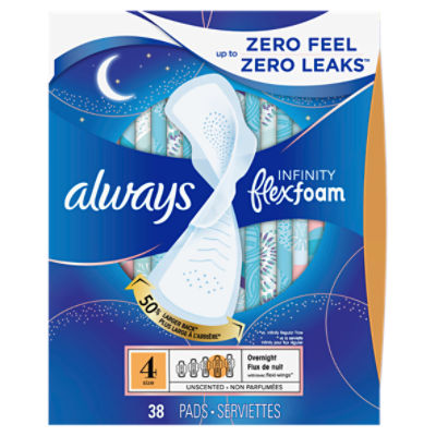 Always Infinity FlexFoam Pads for Women Size 4 Overnight Absorbency, Up to 12 hours Zero Leaks, Zero Feel Protection, with Wings Unscented, 38 Count