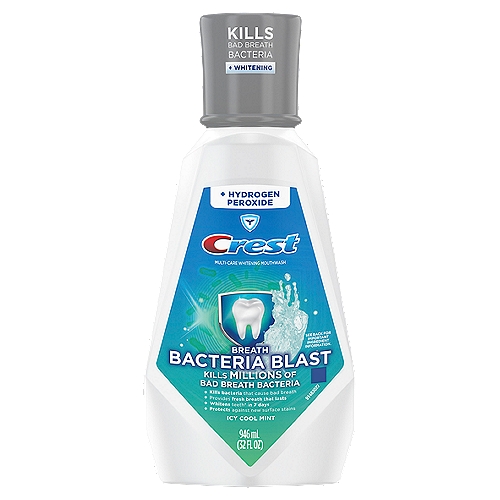 Crest Breath Bacteria Blast Mouthwash, Mint, 1L (33.8 fl oz)
Crest Breath Bacteria Blast mouthwash kills millions of bad breath bacteria and whitens teeth in 7 days*. Protect against new surface stains and leave breath with lasting freshness. Foaming formula contains 1.5% hydrogen peroxide. *with brushing by removing surface stains