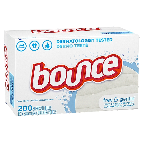 Bounce Free & Gentle Dryer Sheets, 200 count
Just because you have sensitive skin doesn't mean your shirt needs to be wrinkly as a prune when it comes out of the dryer. Our Bounce Free and Gentle fabric softener dryer sheets do not have perfumes or dyes. They are dermatologist-tested, can reduce wrinkles, have static fighting powers, keep your clothes feeling softer, and helps repel lint and hair.