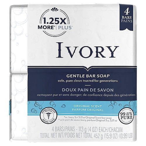 Ivory Original Scent Gentle Bar Soap, 4 oz, 4 count