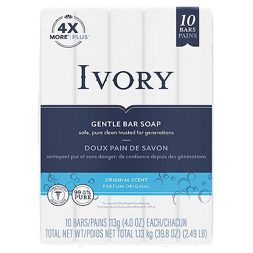 Ivory Original Scent Gentle Bar Soap, 4.0 oz, 10 count