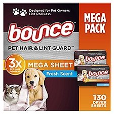Bounce Pet Hair & Lint Guard Fresh Scent Mega Dryer Sheets Mega Pack, 130 count