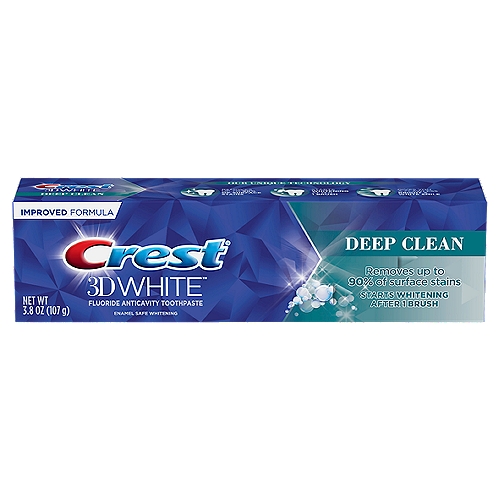 Brighten your smile with Crest 3D White Deep Clean Whitening Toothpaste. The New and Improved Formula removes up to 90% of surface stains, protects against future stains & starts whitening your teeth after 1 brush. 3D White fluoride toothpaste also strengthens your tooth enamel and helps protect against cavities.nnFluoride Anticavity ToothpastennOur Unique TechnologynRemoves Up to 90% of Surface StainsnStarts Whitening After 1 BrushnGives You a Flawless Bright & White SmilennDrug FactsnActive ingredients - PurposenSodium fluoride 0.243% (0.15% w/v fluoride ion) - Anticavity toothpastennUsenHelps protect against cavities