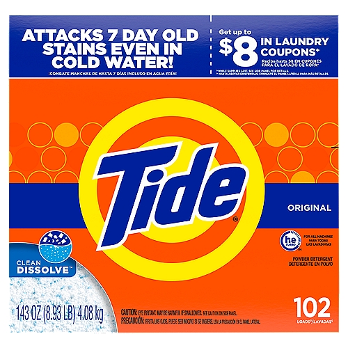 Tide Original Detergent, 102 loads, 143 oz
Attack even 7 day-old stains with Tide Original HE Turbo Powder Laundry Detergent with Acti-Lift Crystals. It's formulated with HE Turbo technology. That's why it's the #1 recommended detergent by washing machine manufacturers*. *Based on co-marketing agreements