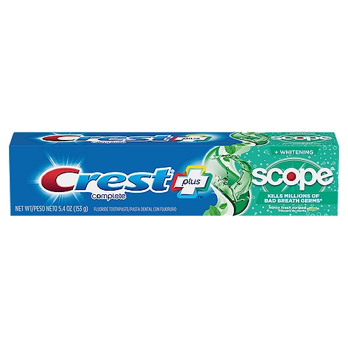 Crest Complete Plus Whitening Scope Minty Fresh Striped Fluoride Toothpaste, 5.4 oz
Get the freshness of Scope in a toothpaste. Crest + Scope Complete Whitening Toothpaste has the benefits of Crest toothpaste with the addition of Scope freshness. Kill millions of bad breath germs* and leave your breath feeling minty and refreshed. Regular brushing with fluoride toothpaste helps prevent tooth decay by slowing the breakdown of enamel and increases the rate of the remineralization process. This toothpaste fights cavities and tartar build-up. This teeth whitening toothpaste gently removes surface stains to help whiten your teeth. *in laboratory tests