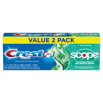 Crest Plus Complete Scope Minty Fresh + Whitening Fluoride Toothpaste Value Pack, 5.4 oz, 2