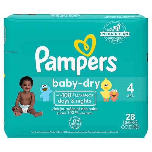 Pampers Baby Dry Diapers, Size 4, 22-37 lb, 28 count
A good night's sleep starts with a great diaper, and Pampers Baby-Dry diapers give you and your baby up to 100% leakproof nights and happy mornings. Made to protect your baby's delicate skin, our exclusive LockAway Channels absorb wetness and lock it safely away, while our protective Dri-Weave Liner helps keep skin healthy. Plus, our Baby-Dry Diapers are hypoallergenic and completely free of parabens and latex.* These are just a few of the many reasons Pampers is the #1 pediatrician recommended diaper brand—and your baby's best bet for comfy protection. Pampers also keep messes to a minimum. To help contain leaks and prevent blowouts, our Baby-Dry diapers feature all-around stretchy sides and large tape fasteners for a secure and comfy fit. Plus, they come equipped with our Dual Leak-Guard Barriers that are specially designed to protect around the legs, where leaks tend to happen most. And when your baby is due for a diaper change, our handy Wetness Indicator lets you know. No need for guesswork.Use Baby-Dry diapers with our Pampers Sensitive Wipes to help keep your baby's skin healthy and prevent irritation. New & improved! Packaging and prints may vary. Ships in 100% recyclable packaging.  *Natural Rubber 