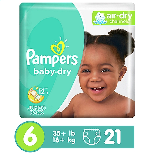 A good night's sleep starts with a great diaper, and Pampers Baby-Dry diapers give you and your baby up to 100% leakproof nights and happy mornings. Made to protect your baby's delicate skin, our exclusive LockAway Channels absorb wetness and lock it safely away, while our protective Dri-Weave Liner helps keep skin healthy. Plus, our Baby-Dry Diapers are hypoallergenic and completely free of parabens and latex.* These are just a few of the many reasons Pampers is the #1 pediatrician recommended diaper brand—and your baby's best bet for comfy protection. Pampers also keep messes to a minimum. To help contain leaks and prevent blowouts, our Baby-Dry diapers feature all-around stretchy sides and large tape fasteners for a secure and comfy fit. Plus, they come equipped with our Dual Leak-Guard Barriers that are specially designed to protect around the legs, where leaks tend to happen most. And when your baby is due for a diaper change, our handy Wetness Indicator lets you know. No need for guesswork.Use Baby-Dry diapers with our Pampers Sensitive Wipes to help keep your baby's skin healthy and prevent irritation. New & improved! Packaging and prints may vary. Ships in 100% recyclable packaging. *Natural Rubber