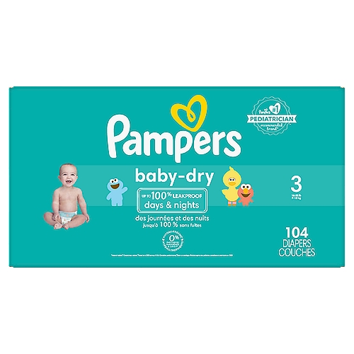 Pampers Baby-Dry Diapers Super Pack, Size 3, 6-10 kg, 104 countnA good night's sleep starts with a great diaper, and Pampers Baby-Dry diapers give you and your baby up to 100% leakproof nights and happy mornings. Made to protect your baby's delicate skin, our exclusive LockAway Channels absorb wetness and lock it safely away, while our protective Dri-Weave Liner helps keep skin healthy. Plus, our Baby-Dry Diapers are hypoallergenic and completely free of parabens and latex.* These are just a few of the many reasons Pampers is the #1 pediatrician recommended diaper brand—and your baby's best bet for comfy protection.& nbsp;Pampers also keep messes to a minimum. To help contain leaks and prevent blowouts, our Baby-Dry diapers feature all-around stretchy sides and large tape fasteners for a secure and comfy fit. Plus, they come equipped with our Dual Leak-Guard Barriers that are specially designed to protect around the legs, where leaks tend to happen most. And when your baby is due for a diaper change, our handy Wetness Indicator lets you know. No need for guesswork. Use Baby-Dry diapers with our Pampers Sensitive Wipes to help keep your baby's skin healthy and prevent irritation. New & improved! Packaging and prints may vary. Ships in 100% recyclable packaging.  *Natural Rubber 