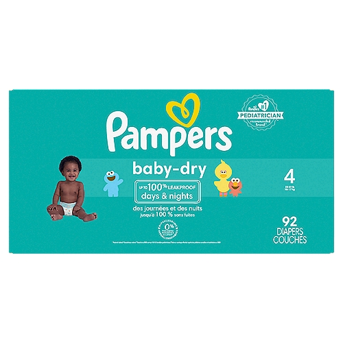 Pampers Baby-Dry Diapers, Size 4, 92 count
A good night's sleep starts with a great diaper, and Pampers Baby-Dry diapers give you and your baby up to 100% leakproof nights and happy mornings. Made to protect your baby's delicate skin, our exclusive LockAway Channels absorb wetness and lock it safely away, while our protective Dri-Weave Liner helps keep skin healthy. Plus, our Baby-Dry Diapers are hypoallergenic and completely free of parabens and latex.* These are just a few of the many reasons Pampers is the #1 pediatrician recommended diaper brand—and your baby's best bet for comfy protection. Pampers also keep messes to a minimum. To help contain leaks and prevent blowouts, our Baby-Dry diapers feature all-around stretchy sides and large tape fasteners for a secure and comfy fit. Plus, they come equipped with our Dual Leak-Guard Barriers that are specially designed to protect around the legs, where leaks tend to happen most. And when your baby is due for a diaper change, our handy Wetness Indicator lets you know. No need for guesswork.Use Baby-Dry diapers with our Pampers Sensitive Wipes to help keep your baby's skin healthy and prevent irritation. New & improved! Packaging and prints may vary. Ships in 100% recyclable packaging.  *Natural Rubber 