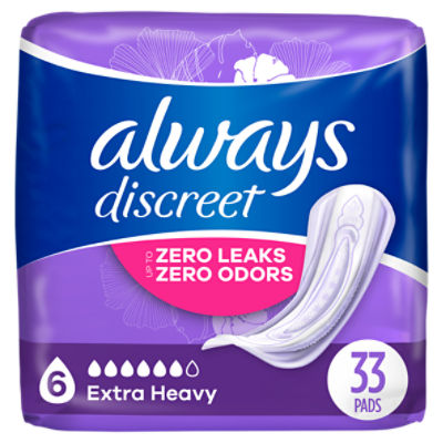 Always Discreet Adult Incontinence Pads for Women, Extra Heavy Absorbency, Regular Length, Postpartum Pads, 33 CT