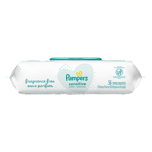 Pampers Sensitive Wipes, 56 count
Clinically proven for sensitive skin, Pampers Sensitive baby wipes are thick and gentle for a soothing clean. For less waste, our unique pop-top helps keep these wet wipes fresh, and only dispenses one at a time. Hypoallergenic, Pampers Sensitive wipes are alcohol-free, fragrance-free, paraben-free, and latex-free.* 

From Pampers, the #1 pediatrician recommended brand. For healthy skin, use Pampers Sensitive wipes together with Pampers Swaddlers diapers.

*Natural rubber