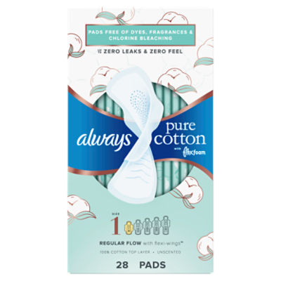 Always Pure Cotton with FlexFoam Pads for Women Size 1 Regular Absorbency, Zero Leaks & Zero Feel is possible, with Wings, 28 Count