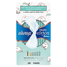 Always Pure Cotton with FlexFoam Pads for Women Size 1 Regular Absorbency, Zero Leaks & Zero Feel is possible, with Wings, 28 Count, 28 Each