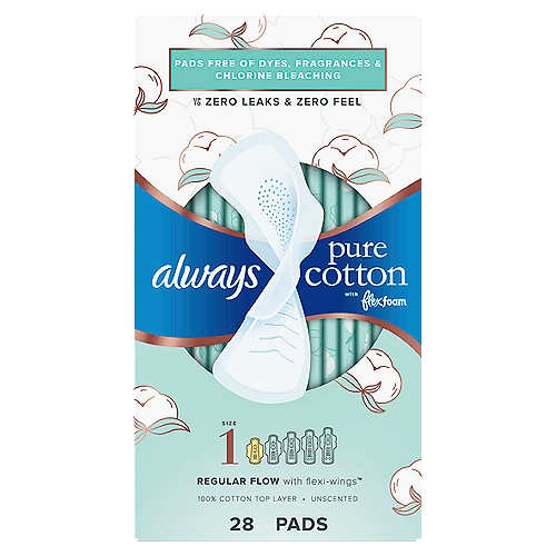 always Pure Cotton Regular Flow with Flexi-Wings Unscented Pads, Size 1, 28 count
Discover the best of science and nature. Always Pure Cotton with FlexFoam pads combine a 100% pure cotton top layer with the breakthrough FlexFoam core, for incredible period protection that gives you peace of mind.Always Pure Cotton with FlexFoam pads are free of dyes, fragrances and chlorine bleaching. The pure cotton top layer is sourced from premium cotton that makes up less than 1% of the world's supply, meeting strict ingredient and processing requirements. You can feel 10X drier than the leading pad brand with a cotton top layer, so no feel and no fail protection is possible with Always Pure Cotton with FlexFoam Regular Absorbency pads!