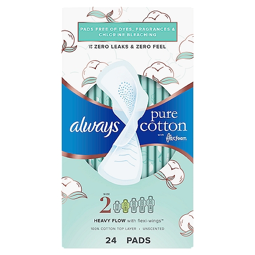 always Pure Cotton with Flexfoam Unscented Pads, Size 2, 24 count
Discover the best of science and nature. Always Pure Cotton with FlexFoam pads combine a 100% pure cotton top layer with the breakthrough FlexFoam core, for incredible period protection that gives you peace of mind.FlexFoam pads are unbelievably thin and flexible so your pad moves with you, not against you. Zero Feel protection is possible with form fitting grooves that conform to your shape, and super absorbent holes that pull wetness away from your skinAlways Pure Cotton with FlexFoam pads are free of dyes, fragrances and chlorine bleaching. The pure cotton top layer is sourced from premium cotton that makes up less than 1% of the world's supply, meeting strict ingredient and processing requirements. You can feel 10X drier than the leading pad brand with a cotton top layer, so no feel and no fail protection is possible with Always Pure Cotton with FlexFoam Heavy Flow Absorbency pads!