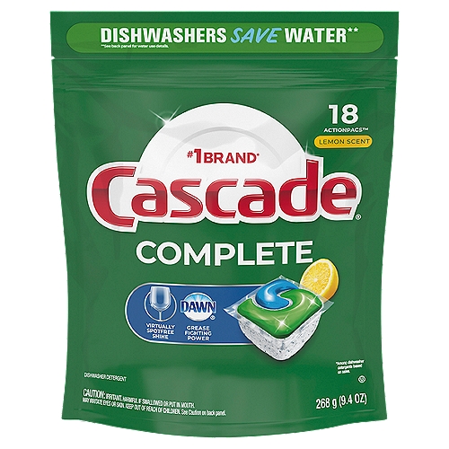 Cascade Complete Fresh Scent Dishwasher Detergent, 18 count, 9.4 oz
Cascade Complete ActionPacs dishwasher detergent powers away even 24-hour stuck-on messes for a complete clean. That's because every ActionPac has 25% more Cleaning Power* (*% cleaning ingredients vs. Cascade Original) & is formulated with the grease-fighting power of Dawn dishwashing liquid. Cascade Complete ActionPacs are conveniently premeasured with no finicky wrapping-just toss in a pac. Cascade Complete ActionPacs are phosphate free. Plus, Cascade Complete ActionPacs dissolve quickly to unleash cleaning power early in the cycle. For best results, use Cascade Complete ActionPacs with Cascade Power Dry Rinse Aid for powerful drying and Cascade Dishwasher Cleaner to keep your dishwasher machine sparkling. Save up to 15 gallons of water per dishwasher load when you skip the pre-wash and run your dishwasher with Cascade Complete ActionPacs. Cascade is the #1 Recommended Brand in North America*  *More dishwasher brands in North America recommend Cascade vs. any other automatic dishwashing detergent brand, recommendations as part of co-marketing agreements.