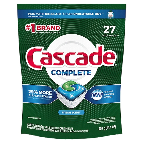 Cascade Complete Fresh Scent ActionPacs Dishwasher Detergent, 27 count, 14.1 oz
Cascade Complete ActionPacs dishwasher detergent powers away even 24-hour stuck-on messes for a complete clean. That's because every ActionPac has 25% more Cleaning Power* (*% cleaning ingredients vs. Cascade Original) & is formulated with the grease-fighting power of Dawn dishwashing liquid. Cascade Complete ActionPacs are conveniently premeasured with no finicky wrapping-just toss in a pac. Cascade Complete ActionPacs are phosphate free. Plus, Cascade Complete ActionPacs dissolve quickly to unleash cleaning power early in the cycle. For best results, use Cascade Complete ActionPacs with Cascade Power Dry Rinse Aid for powerful drying and Cascade Dishwasher Cleaner to keep your dishwasher machine sparkling. Save up to 15 gallons of water per dishwasher load when you skip the pre-wash and run your dishwasher with Cascade Complete ActionPacs. Cascade is the #1 Recommended Brand in North America*  *More dishwasher brands in North America recommend Cascade vs. any other automatic dishwashing detergent brand, recommendations as part of co-marketing agreements.