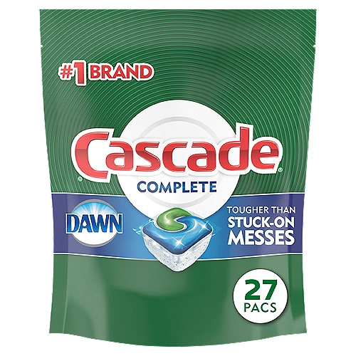 Cascade Complete ActionPacs dishwasher detergent powers away even 24-hour stuck-on messes for a complete clean. That's because every ActionPac has 25% more Cleaning Power* (*% cleaning ingredients vs. Cascade Original) & is formulated with the grease-fighting power of Dawn dishwashing liquid. Cascade Complete ActionPacs are conveniently premeasured with no finicky wrapping-just toss in a pac. Cascade Complete ActionPacs are phosphate free. Plus, Cascade Complete ActionPacs dissolve quickly to unleash cleaning power early in the cycle. For best results, use Cascade Complete ActionPacs with Cascade Power Dry Rinse Aid for powerful drying and Cascade Dishwasher Cleaner to keep your dishwasher machine sparkling. Save up to 15 gallons of water per dishwasher load when you skip the pre-wash and run your dishwasher with Cascade Complete ActionPacs. Cascade is the #1 Recommended Brand in North America*  *More dishwasher brands in North America recommend Cascade vs. any other automatic dishwashing detergent brand, recommendations as part of co-marketing agreements.