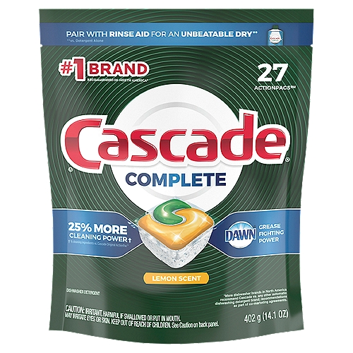 Cascade Complete Lemon Scent ActionPacs Dishwasher Detergent, 27 count, 14.1 oz
Cascade Complete ActionPacs dishwasher detergent powers away even 24-hour stuck-on messes for a complete clean. That's because every ActionPac has 25% more Cleaning Power* (*% cleaning ingredients vs. Cascade Original) & is formulated with the grease-fighting power of Dawn dishwashing liquid. Cascade Complete ActionPacs are conveniently premeasured with no finicky wrapping-just toss in a pac. Cascade Complete ActionPacs are phosphate free. Plus, Cascade Complete ActionPacs dissolve quickly to unleash cleaning power early in the cycle. For best results, use Cascade Complete ActionPacs with Cascade Power Dry Rinse Aid for powerful drying and Cascade Dishwasher Cleaner to keep your dishwasher machine sparkling. Save up to 15 gallons of water per dishwasher load when you skip the pre-wash and run your dishwasher with Cascade Complete ActionPacs. Cascade is the #1 Recommended Brand in North America*  *More dishwasher brands in North America recommend Cascade vs. any other automatic dishwashing detergent brand, recommendations as part of co-marketing agreements.