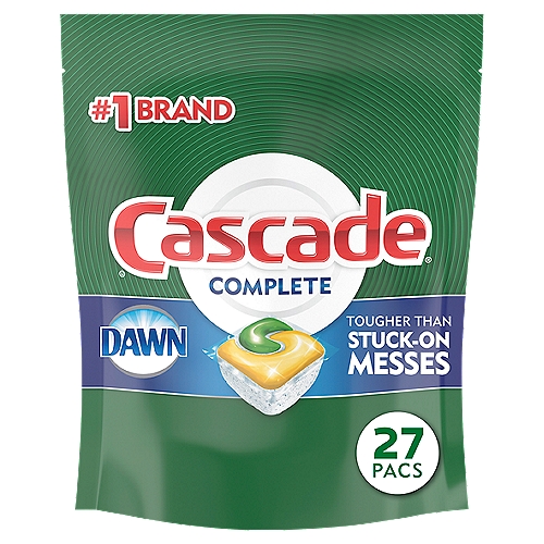 Cascade Complete ActionPacs dishwasher detergent powers away even 24-hour stuck-on messes for a complete clean. That's because every ActionPac has 25% more Cleaning Power* (*% cleaning ingredients vs. Cascade Original) & is formulated with the grease-fighting power of Dawn dishwashing liquid. Cascade Complete ActionPacs are conveniently premeasured with no finicky wrapping-just toss in a pac. Cascade Complete ActionPacs are phosphate free. Plus, Cascade Complete ActionPacs dissolve quickly to unleash cleaning power early in the cycle. For best results, use Cascade Complete ActionPacs with Cascade Power Dry Rinse Aid for powerful drying and Cascade Dishwasher Cleaner to keep your dishwasher machine sparkling. Save up to 15 gallons of water per dishwasher load when you skip the pre-wash and run your dishwasher with Cascade Complete ActionPacs. Cascade is the #1 Recommended Brand in North America*  *More dishwasher brands in North America recommend Cascade vs. any other automatic dishwashing detergent brand, recommendations as part of co-marketing agreements.